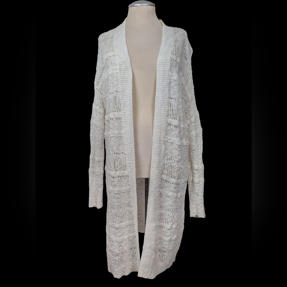Cottagecore, Boho Open-Front, Long White Crocheted Cardigan